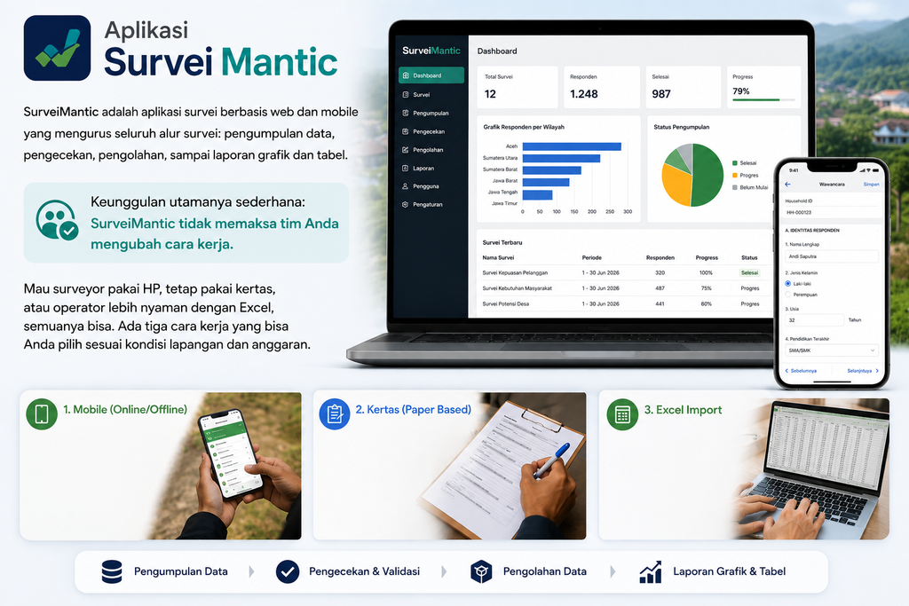Aplikasi Survei Mantic

SurveiMantic adalah aplikasi survei berbasis web dan mobile yang mengurus seluruh alur survei pengumpulan data, pengecekan, pengolahan, sampai laporan grafik dan tabel.

Keunggulan utamanya sederhana SurveiMantic tidak memaksa tim Anda mengubah cara kerja. Mau surveyor pakai HP, tetap pakai kertas, atau operator lebih nyaman dengan Excel, semuanya bisa. Ada tiga cara kerja yang bisa Anda pilih sesuai kondisi lapangan dan anggaran.